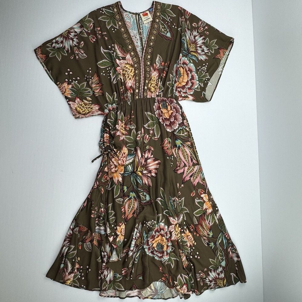 Farm Rio Anthropologie Valentina Floral Maxi Dress M Brown Boho Kimono Sleeve - Picture 3 of 14